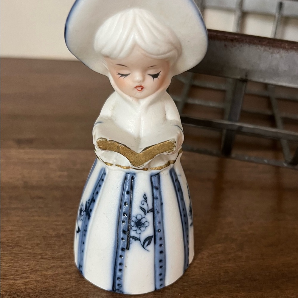 Blue White 4.5" Girl Holding Book - Bell